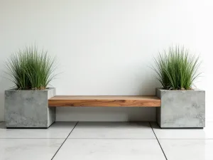 Integrated Planter Bench - Wide-angle shot of a modern wooden bench seamlessly integrated with concrete planters on both ends, featuring Japanese forest grass and architectural plants, set against a white rendered wall