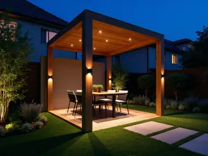 Interactive Light Installation - Motion-sensor LED lights integrated into modern garden pergola, creating an interactive light display when movement is detected