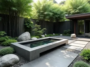 Japanese Modern Fusion - Contemporary interpretation of a Japanese garden with concrete water basin, black bamboo, and modern stone arrangements