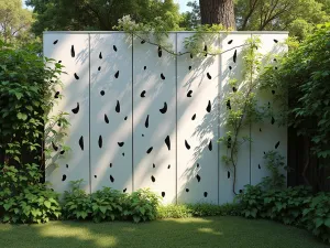 Laser Cut Metal Screen Wall - Modern garden wall made of laser-cut aluminum panels with abstract pattern, creating dancing shadows on the ground, climbing jasmine beginning to grow through