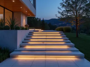 LED Strip Garden Steps - Modern floating concrete steps with integrated LED strip lighting underneath each tread, photographed at twilight