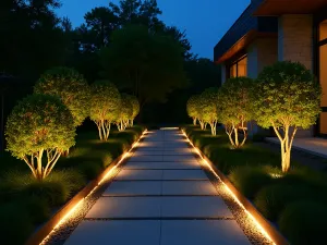 Lighting Design Garden - Night scene of a modern garden with uplighting on sculptural plants and LED strip lighting along pathway edges