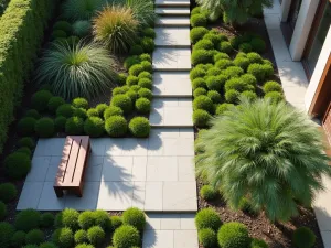 Linear Garden Design - Aerial view of a narrow modern garden with linear design elements, floating bench, and rhythmic planting of grasses and perennials