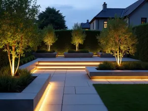 Linear Light Features - Geometric garden design with linear LED strips integrated into raised beds and seating elements, creating clean lines of light