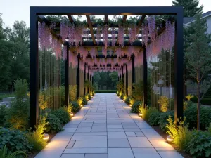 Linear Pergola Path - Wide angle view of a long linear pergola creating a modern garden walkway, with vertical steel cables supporting wisteria, geometric paving, and LED strip lighting, photorealistic