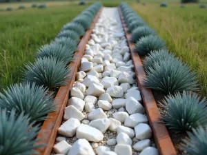 Linear Rock Channel - Close-up of a precise linear channel filled with white quartz rocks and intersecting Corten steel plates, featuring Mexican feather grass and blue fescue