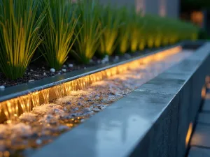 Linear Water Feature - Close-up of a modern linear water feature with stainless steel channels and illuminated cascading water, bordered by Mexican feather grass