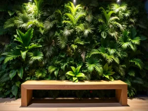 Living Wall Bench - Modern wooden bench positioned in front of a dramatic living wall featuring various ferns and tropical plants, with subtle uplighting