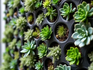 Living Wall Grid System - Close-up of a modular living wall system with black aluminum frame, filled with various succulents and air plants creating a geometric pattern