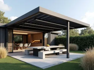 Louvered Pergola Dining - Modern motorized louvered pergola in anthracite grey, covering an outdoor dining area with concrete table and built-in bench seating, surrounded by ornamental grasses, photorealistic