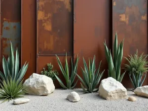 Metal and Stone Garden - Close-up of weathered steel panels contrasting with pale limestone rocks and gravel, featuring architectural plants and geometric arrangements