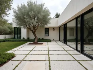 Minimalist Gravel Court - Wide shot of a modern courtyard with light limestone pavers set in a grid pattern within fine white gravel, featuring a single specimen olive tree