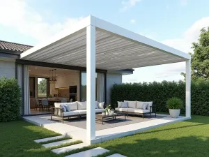 Minimalist White Pergola - Clean-lined white aluminum pergola with automated louvered roof, featuring integrated misting system and contemporary outdoor furniture, bordered by box hedging, photorealistic