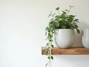 Minimalist White Wall Garden - Close-up of a pristine white rendered wall with floating timber shelves holding contemporary concrete planters with trailing string of pearls