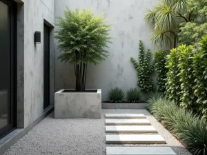 Minimalist Zen Garden Corner - A small modern garden corner with clean lines, featuring a geometric concrete planter with black bamboo, surrounded by light grey gravel and angular stepping stones, photorealistic, architectural style