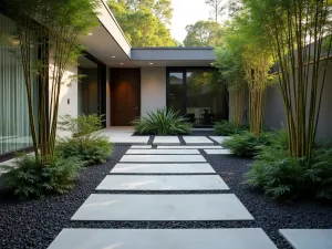 Minimalist Zen Garden - A sleek modern garden with clean lines, featuring geometric concrete pavers, black pebbles, and strategically placed bamboo plants, captured in soft evening light