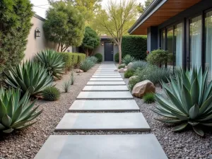 Mixed Material Modern Path - Wide-angle view of a garden path combining smooth concrete pavers, Corten steel edging, and light grey gravel, flanked by architectural succulents