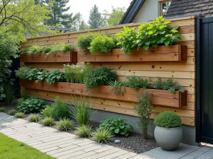 Mixed Material Garden Wall - Wide shot of a garden wall combining timber, concrete, and steel elements in horizontal bands, with integrated herb planters