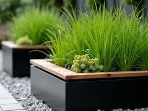 Bamboo-Lined Metal Beds - Close-up of sleek black metal raised beds with bamboo top edges, filled with Japanese forest grass and black mondo grass, creating a zen-modern aesthetic