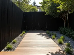 Bamboo Screen Walk - Modern wooden walkway with black bamboo screen, creating dramatic shadows on light limestone gravel