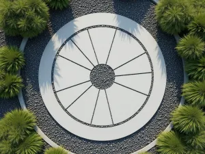 Circular Pattern Path - Aerial view of a modern circular pattern path made from white concrete with black pebble infill, surrounded by structural grasses