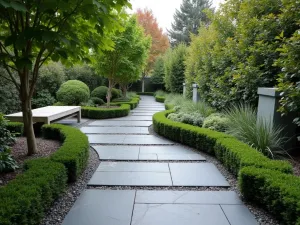 Cloud-Pruned Border - Modern slate path with cloud-pruned boxwood borders and integrated bench seating, photographed from a diagonal angle