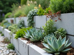 Concrete Block Garden Wall - Close-up of a modern raised bed wall system made from stacked concrete blocks with integrated planting pockets, filled with succulents and trailing plants