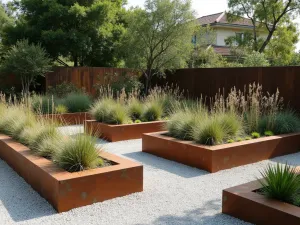 Geometric Corten Steel Raised Beds - Minimalist garden with rectangular corten steel raised beds arranged in a geometric pattern, filled with ornamental grasses and succulents, set against light gray gravel paths