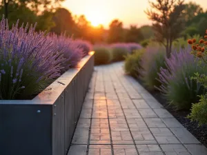 Corten Steel Walkway - Close-up of a raised corten steel walkway with integrated planters containing purple fountain grass and lavender, shot during golden hour