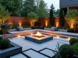 Modern Fire Pit Area - Modern sunken fire pit area with built-in concrete seating, surrounded by architectural plants and illuminated boxwood spheres