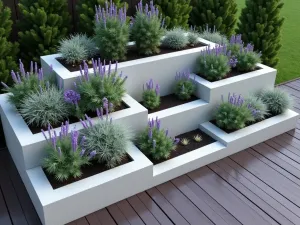 Floating Concrete Planters - Aerial view of light gray concrete raised beds appearing to float above ground level, filled with purple salvias and silver foliage plants, surrounded by dark wooden decking