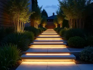 Floating Concrete Steps - Modern garden path with floating concrete steps illuminated by LED strip lighting, surrounded by tall ornamental grasses and black bamboo, shot at twilight