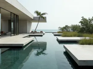 Floating Platform Path - Wide angle view of floating concrete platforms over a modern reflection pool with minimal water plants