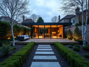 Modern Garden Room - Wide angle view of a small garden with a modern glass garden room, floating deck, and structured planting of box hedges and silver birch trees, twilight scene