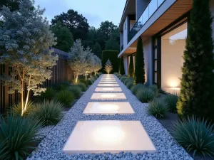 Glass Panel Path - Wide angle view of a modern garden path made from frosted glass panels with LED underlighting, bordered by white pebbles and silver foliage plants