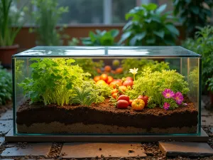 Glass-Sided Growing Beds - Wide angle view of transparent glass-sided raised beds with visible soil layers, planted with colorful vegetables and edible flowers, illuminated from within