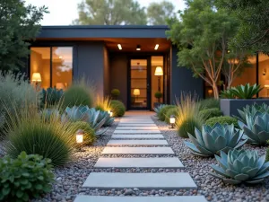 Modern Gravel Garden - Close-up of a drought-tolerant modern gravel garden with architectural succulents, geometric pavers, and contemporary lighting