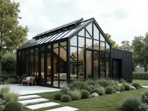 Modern Greenhouse - Minimalist greenhouse structure with clean lines, black frame, and geometric patterns, surrounded by modern landscaping