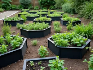 Hexagonal Garden Network - Wide angle view of interconnected hexagonal raised beds in varying heights, made from powder-coated steel in matte black, filled with Mediterranean herbs