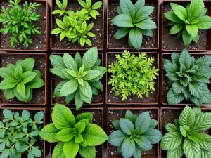 Industrial Grid Garden - Aerial shot of multiple square raised beds arranged in a grid pattern, made from raw steel with rust patina, planted with herbs and vegetables in organized sections