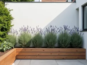 Integrated Seating Planters - Modern L-shaped raised bed with built-in wooden seating, planted with aromatic lavender and rosemary, against a white rendered wall