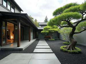 Modern Japanese Influence - Wide angle view of a small modern garden with Japanese influences, featuring cloud-pruned trees, dark gravel, and minimal concrete paths