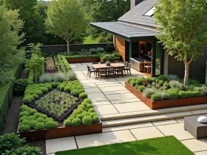 Modern Kitchen Garden - Aerial view of a contemporary kitchen garden with raised cor-ten steel beds, geometric herb parterre, and modern dining area