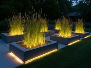 LED-Lit Garden Cubes - Evening shot of cubic raised beds with built-in LED lighting, creating a modern light installation with ornamental grasses casting dramatic shadows