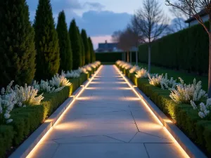 Linear Light Path - Straight modern path with embedded linear LED lighting strips, flanked by structured boxwood hedges and white flowering plants, captured at dusk