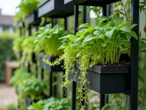 Living Wall Garden Beds - Close-up of vertical raised beds integrated into a living wall system, combining modern steel frames with cascading plants and vertical vegetables