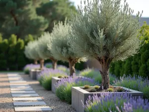 Modern Mediterranean Garden - Close-up of a contemporary Mediterranean-style garden featuring olive trees in square planters with underplanting of lavender