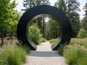 Moongate Portal - Close-up of a modern interpretation of a moongate portal in black powder-coated steel, with a gravel path and architectural grasses