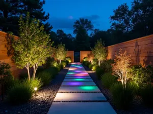 Neon Night Path - Wide angle shot of a modern garden path with color-changing LED strip lighting and frosted glass panels, photographed at night