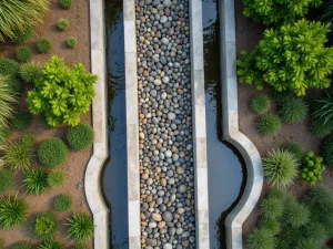 Modern Gravel Rain Garden - Aerial view of a contemporary rain garden with sculptural concrete channels directing water through beds of river rock and native grasses